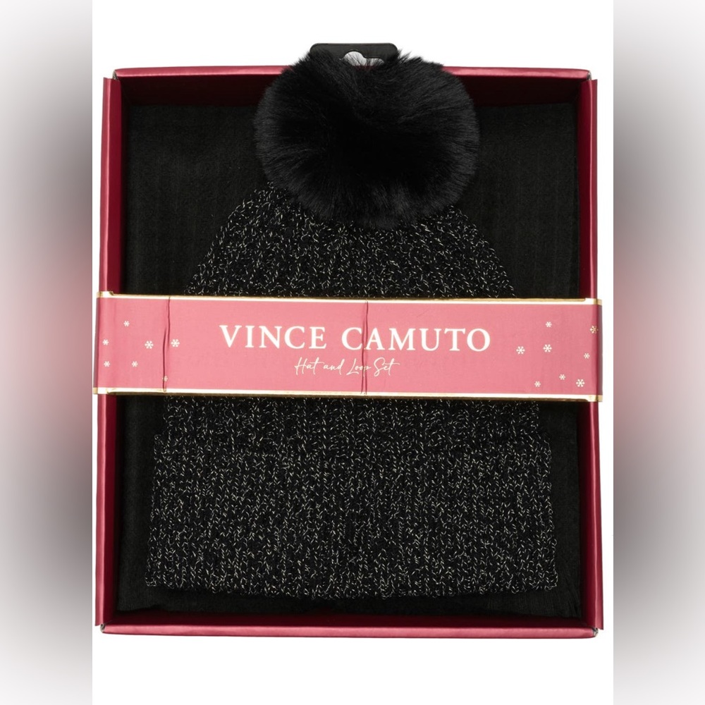 Vince Camuto Scarf and Pom Pom Beanie Set in Black Metallic